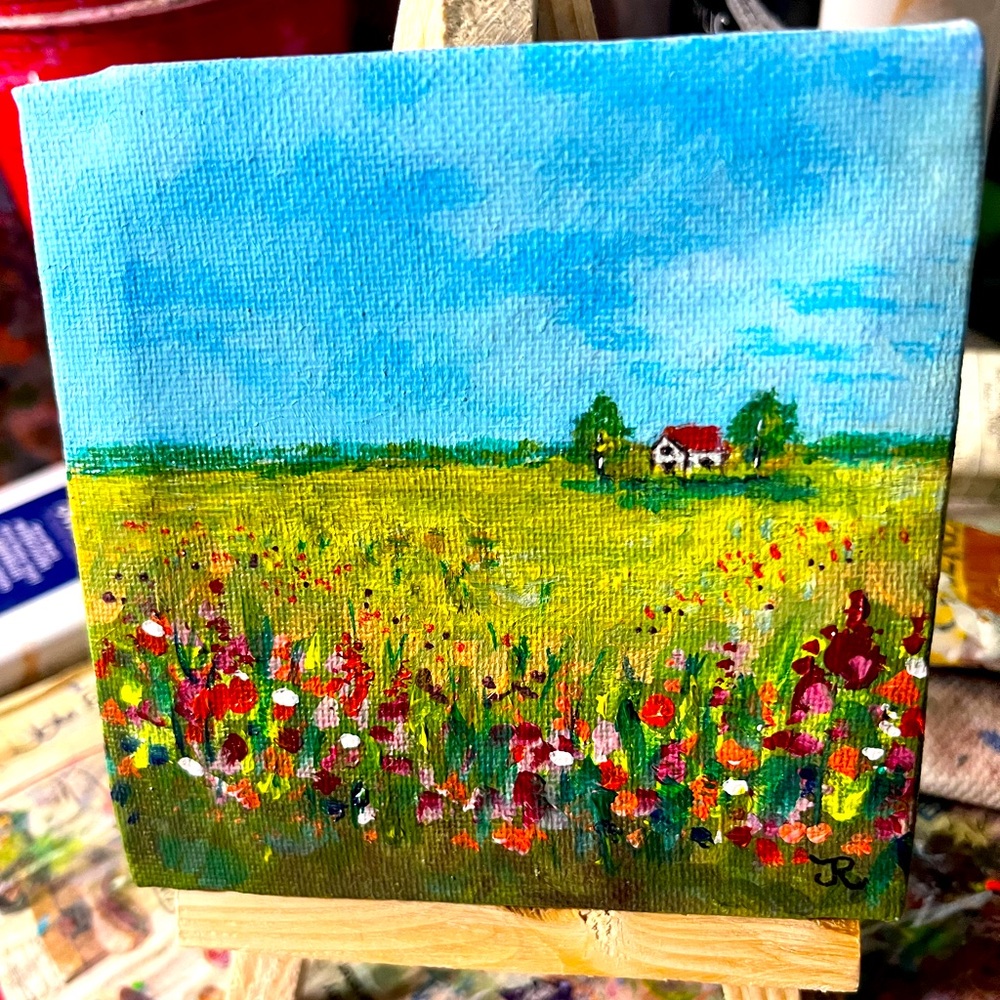 Original acrylic mini painting of field of flowers 4x4”